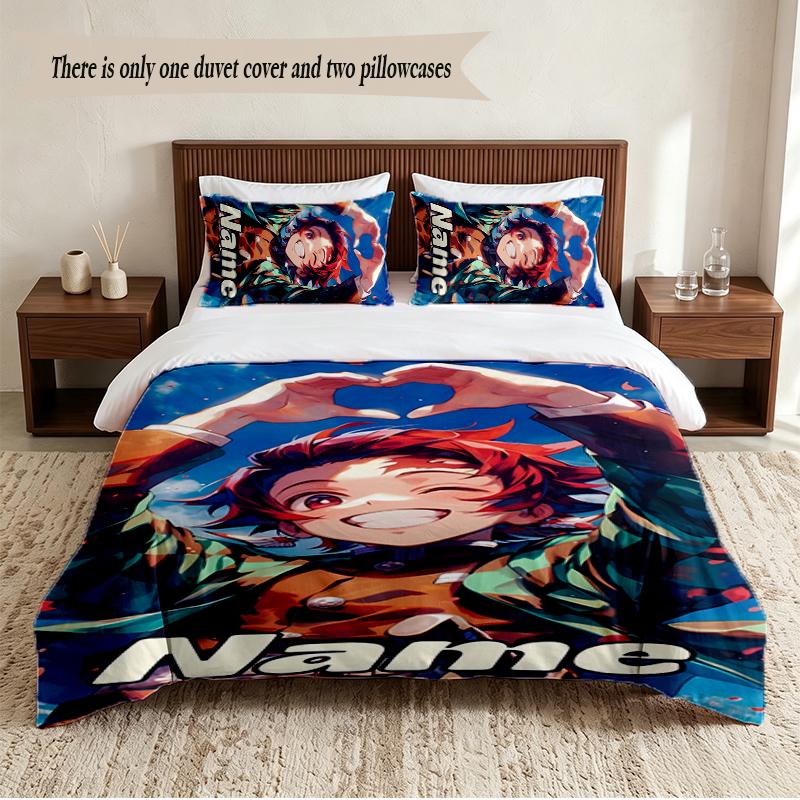Tanjiro Personalized Custom Name 3‑Piece Bedding Set Soft Duvet Cover Set For Bedroom Home Decor