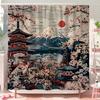 1pc Japanese Retro Shower Curtain - Cherry Blossom & Mountain Design, Red Sun Blue Pink Hues, Polyester , Machine Washable