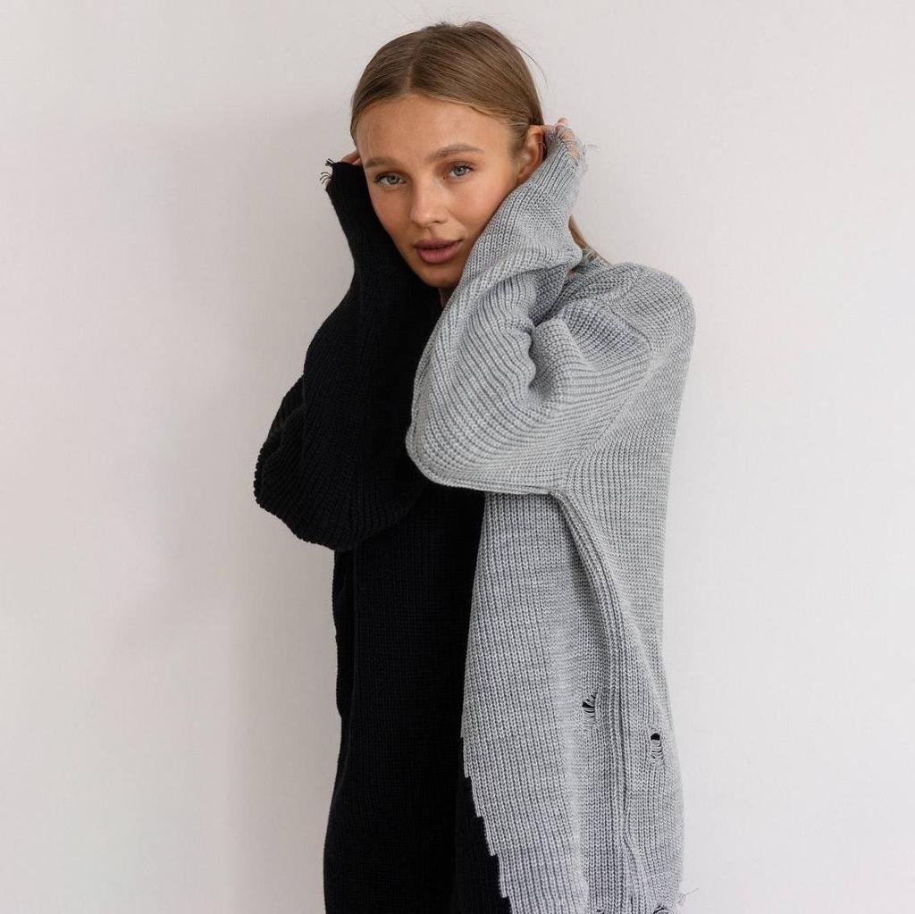 Autumn Winter Vintage Loose Long Sleeve Top Blocked Color Pullover Knitwear O-Neck Sweater