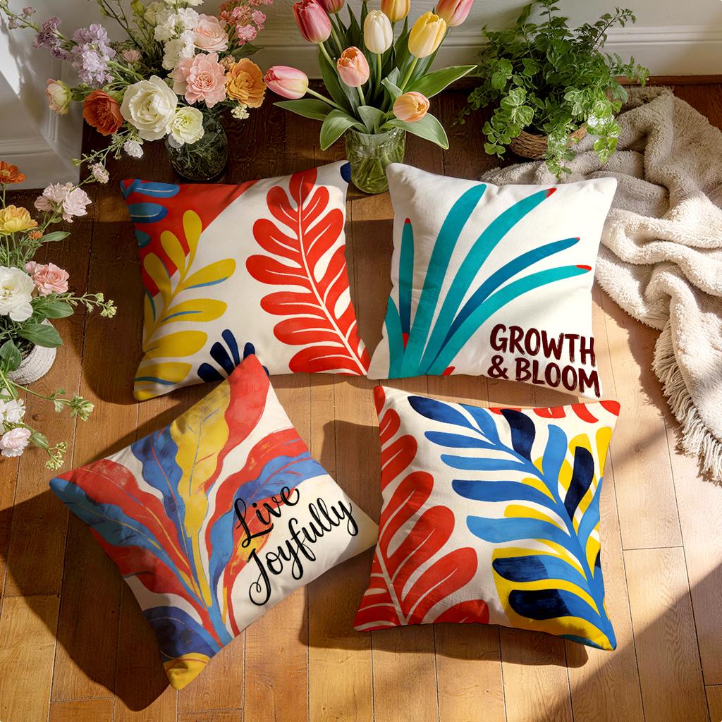 4 Pcs Bohemian Abstract Plants Single-Sided Printed Pillowcase Cushion Cover,Suitable For Living Room,Bedroom,Car Decoration