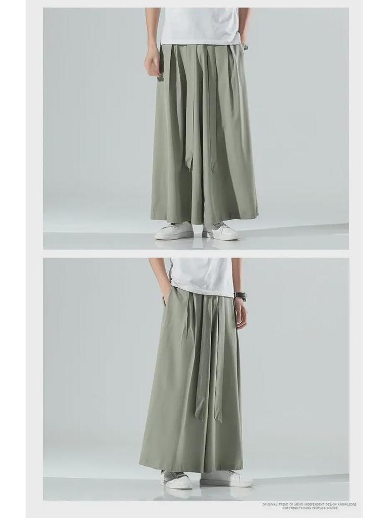 Мужские летние брюки-ханьфу из ледяного шелка с широкими штанинами в стиле ретро: Свободный, прямой, большой размер