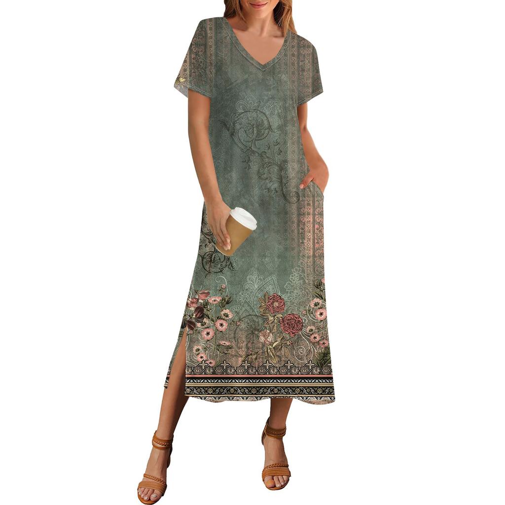 Women's Summer Floral Print Dress Short Sleeve Beach Dress With Pocket Casual V-neck Hem Side Slit Dress