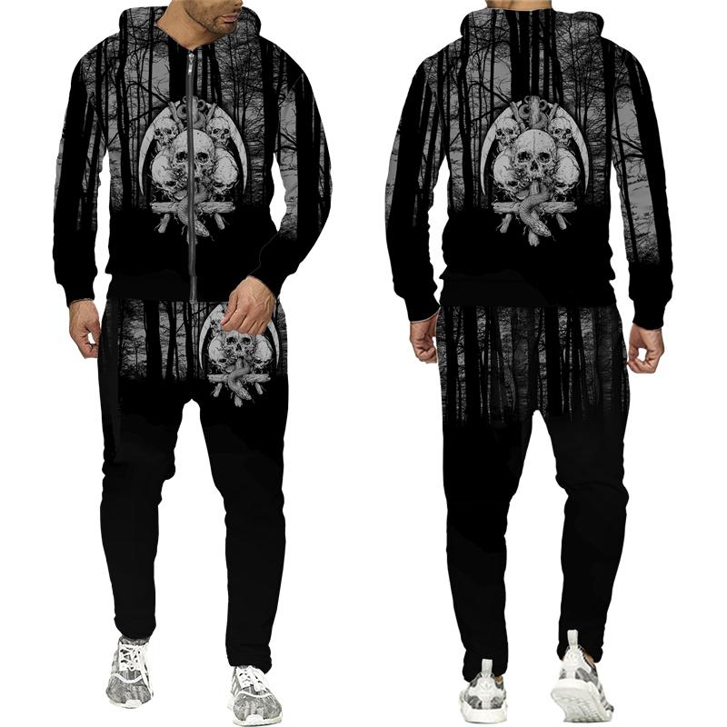 Cool Skull 3D Printed Black Zipper Hoodie Pants Suit Gothic Punk Style Men Women Tracksuit Set 2023 Halloween Streetwear Costume