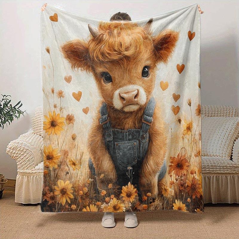 1pc Highland Cow Printing Lightweight Flannel Blanket, Comfortable and Warm Blanket, for Camping Sofa Bed and Couch Office, Suitable for Gift