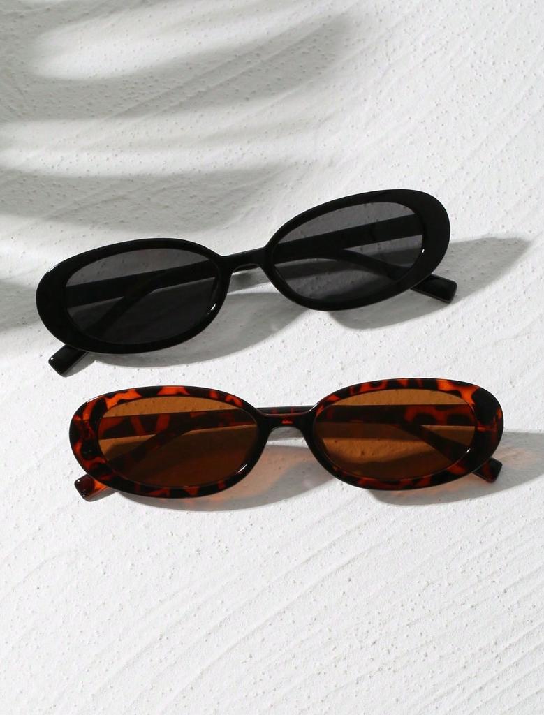 2pcs Vintage Oval Shaped Plastic Sunglasses Small Frame UV Protection Fashionable Shade for Outdoor Travel Beach Holiday