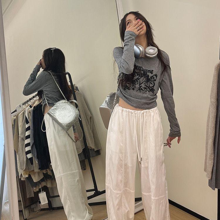 Сексуальные плиссированные футболки в стиле гранж Femme Slim Fit Y2k с эстетическим буквенным принтом, укороченный топ с длинными рукавами, женская модная универсальная футболка