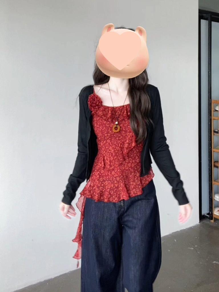 Women's French Retro Ruffle Red Camisole - Summer 2025 Irregular Pretty Top