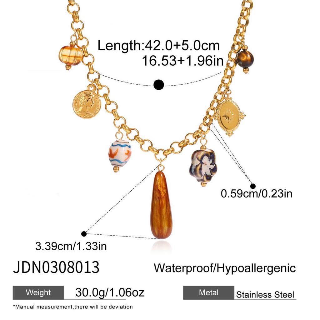 Youthway Resin Tiger Eye Stone Ceramic Flower Portrait Coin Pendant Necklace For Women 18K Gold Plated Stainless Steel Necklace