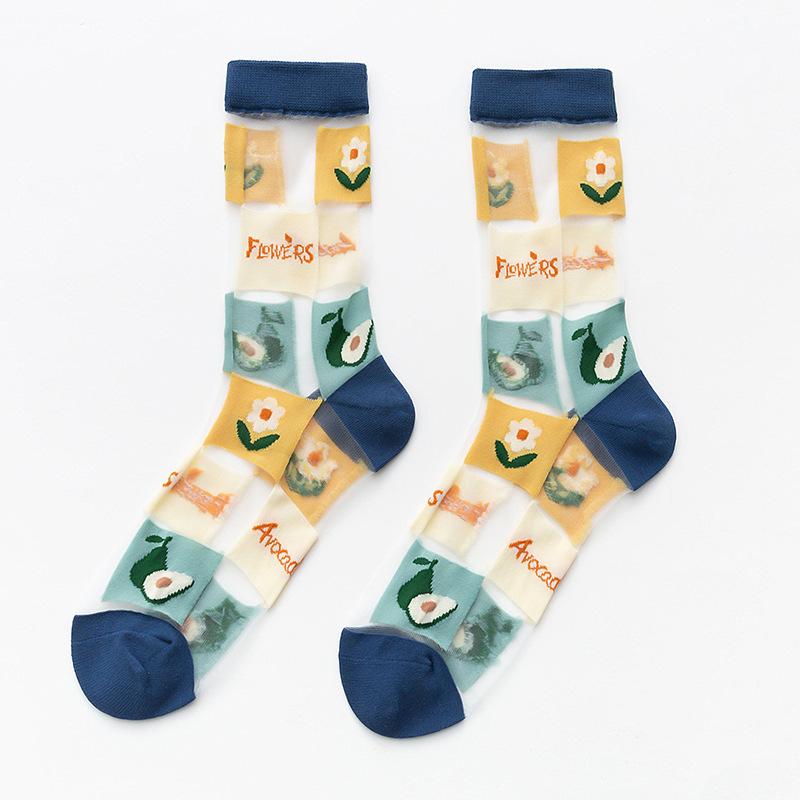 Женские тонкие прозрачные носки из хрустального стекла и шелка, милые летние сетчатые носки с фруктами: клубникой, авокадо, персиком и арбузом