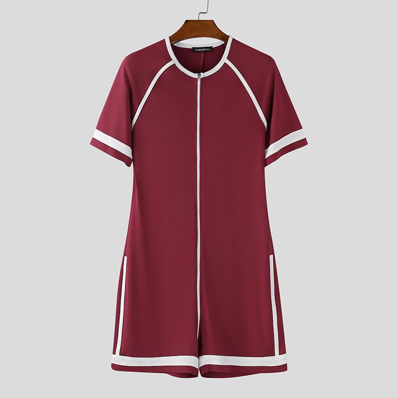 INCERUN Men Short Sleeve Stitching Fitted Jumpsuits Romper Bodysuits Pajamas Home Wear