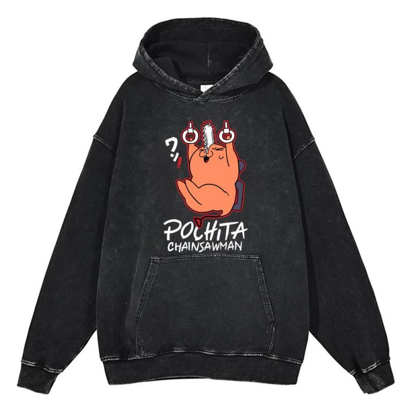 Heavyweight 440g Washed Vintage Denim-Style Anime Hoodie Men Streetwear Casual Sweatshirt