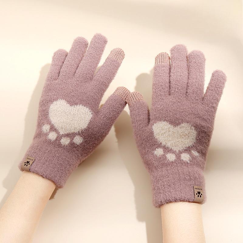 Touch Screen Cat Claw Cold-proof and Warm Gloves for Women Velvet Thickened Wool Knitted Gloves for Autumn and Winter