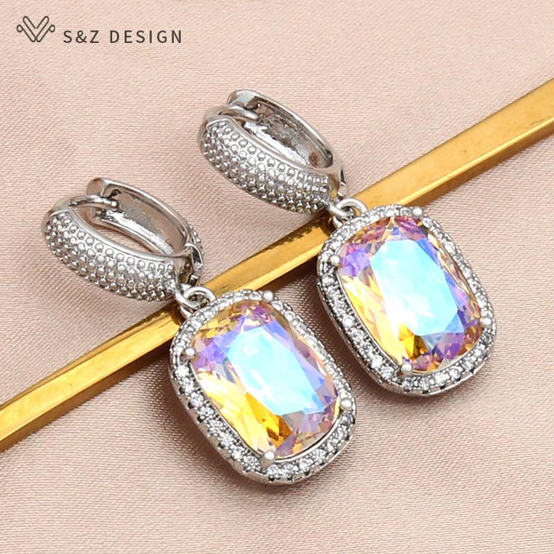 Fashion Luxury Rectangle Crystal Drop Earrings For Women Wedding Jewelry Rose Gold Color Zirconia Eardrop