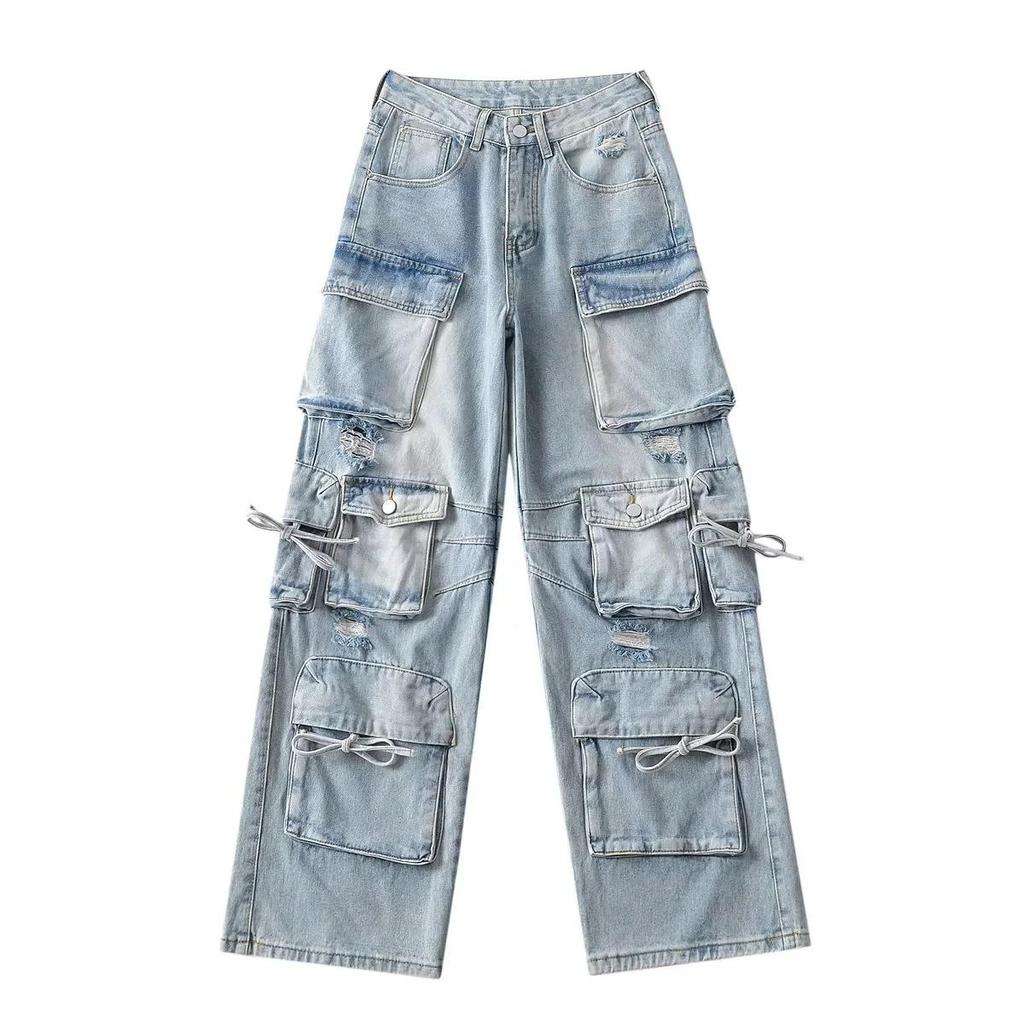 Autumn Street Style Multi-Pocket Splicing Jeans: European & American Casual Straight-Leg Trousers
