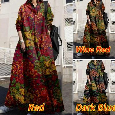 Женские платья макси с длинным рукавом, отложным воротником и цветочным принтом