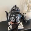 Stylish 3D Teapot Shape Crossbody Bag Women - PU Water Bucket With Floral Detail Gold Black Blue-and-White