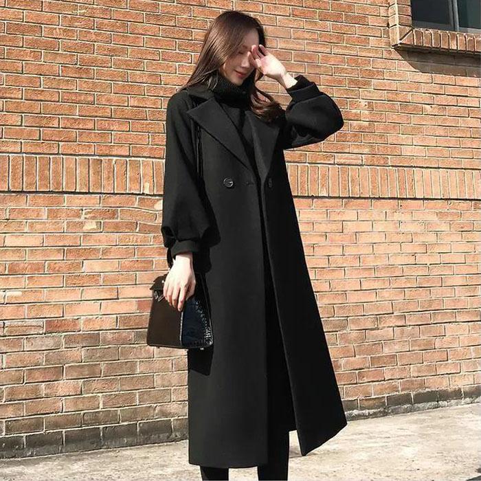 Women Wool Coat Solid Color V-neck Jacket Casual Slim Windbreaker Trend Temperament Top Over The Knee