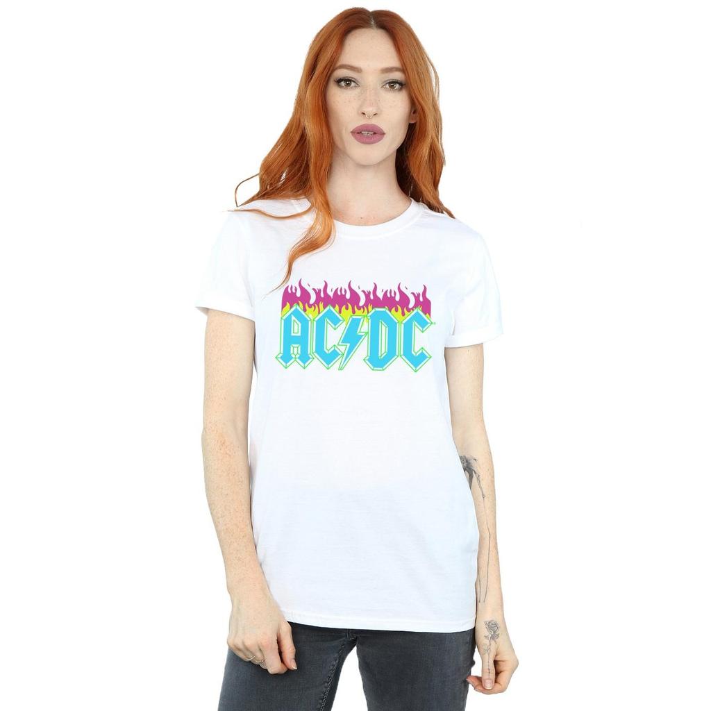 AC/DC Womens/Ladies Neon Flames Cotton Boyfriend T-Shirt