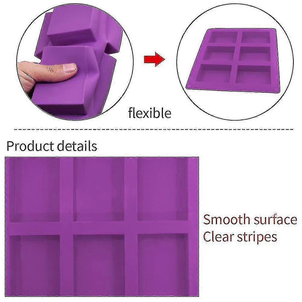 3 Pcs Rectangle Silicone Molds, 6-cavity Cake Baking Pans, Biscuit Chocolate Ice Cube Soap Trays - Pink, Blue, Purple