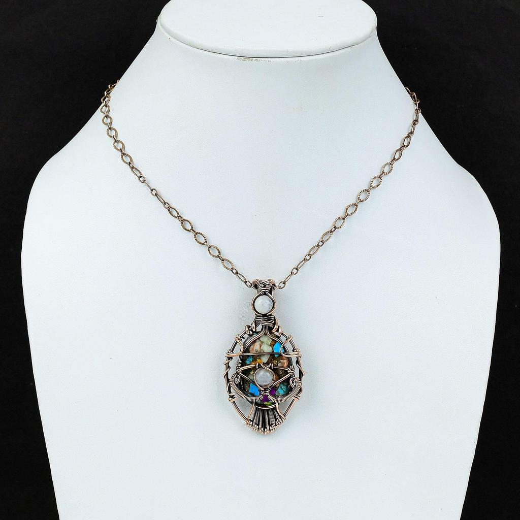 Evil Eye Multi Copper Turquoise Pendant Copper Wire Wrapped Gemstone Pendant Copper Jewelry Moonstone Pendant Gift For Mom Handmade Pendant
