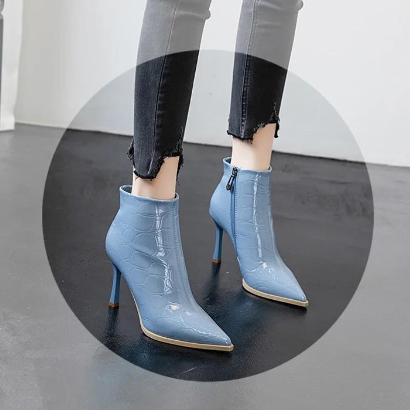 Модные туфли-лодочки с острым носком, женские ботильоны на высоком каблуке, водонепроницаемые ботильоны на высоком каблуке с боковой молнией, 2024, лакированная кожа, Botas De Mujer