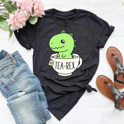 Милая футболка Tea-Rex для женщин, смешная мультяшная футболка с динозавром, женская хлопковая футболка с коротким рукавом, одежда каваи, графическая футболка с динозавром и чаем
