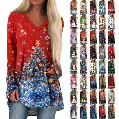 Женская модная повседневная футболка с принтом, длинный рукав, V-образный вырез, топ средней длины