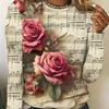 Plus Size Notes Print T-Shirt - Women's Plus Size Casual Crew Neck Long Sleeve Top Spring Fall Floral Pattern