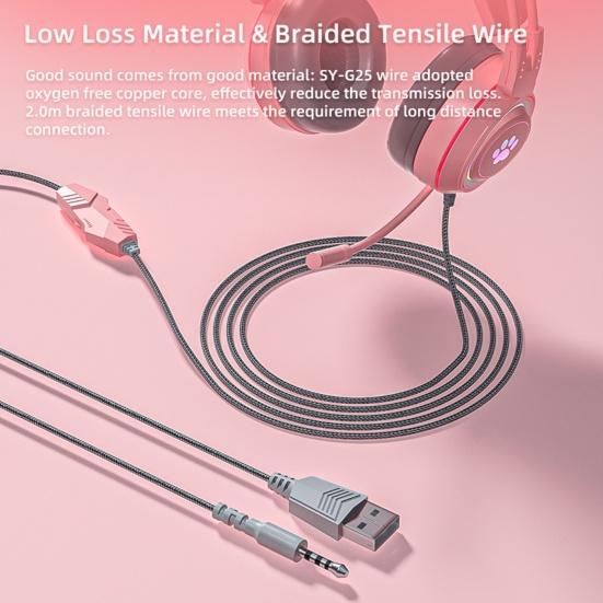 Проводные наушники SY-G25 с RGB-подсветкой, всенаправленным микрофоном, накладные компьютерные наушники с милыми кошачьими ушками для киберспорта