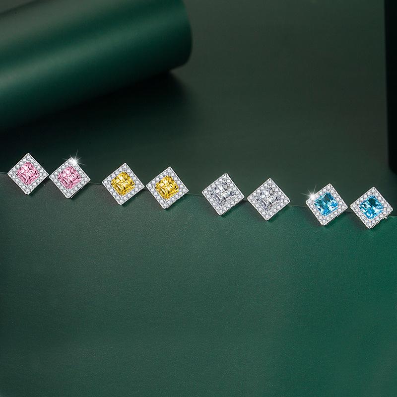 BELLA BOX S925 Серебряные серьги-гвоздики с иглами, женские корейские версии, микроинкрустированные цирконом, квадратные бриллианты, модные красочные желтые бриллианты