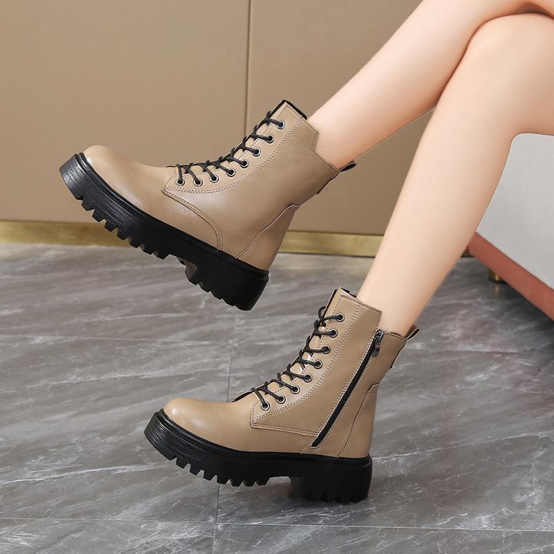 Women's Leather Boots Fashion Outdoor Casual Ankle Boot Lace-up Platform Boot Classic Leather Short Boots Women Motorcycle Boots