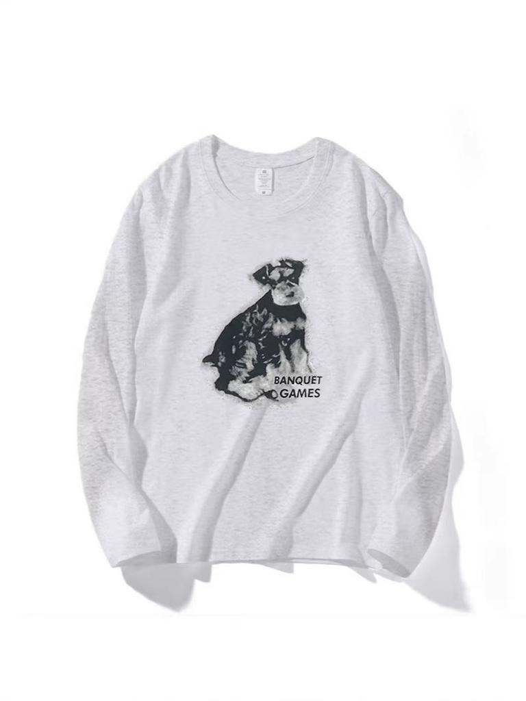 Women's Versatile White Cotton Long Sleeve Puppy Cartoon T-Shirt