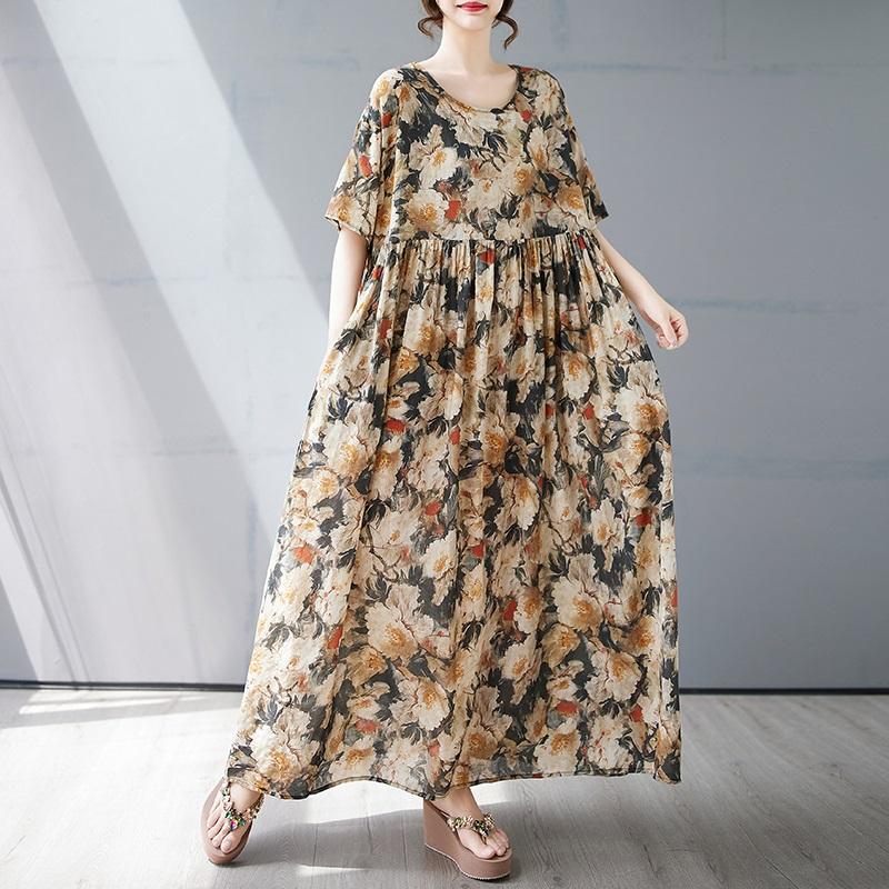 Новые платья из хлопка с короткими рукавами больших размеров и цветочным принтом для женщин, повседневные свободные длинные летние платья