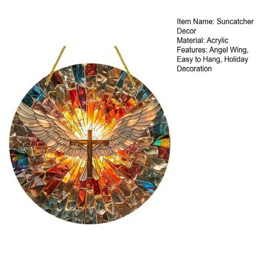 Angel Wing Suncatcher Hanging Decoration Stained Glass 2D Flat Acrylic Glass Window Wall Hanging Round Sign Ornament Christian Religious Gift