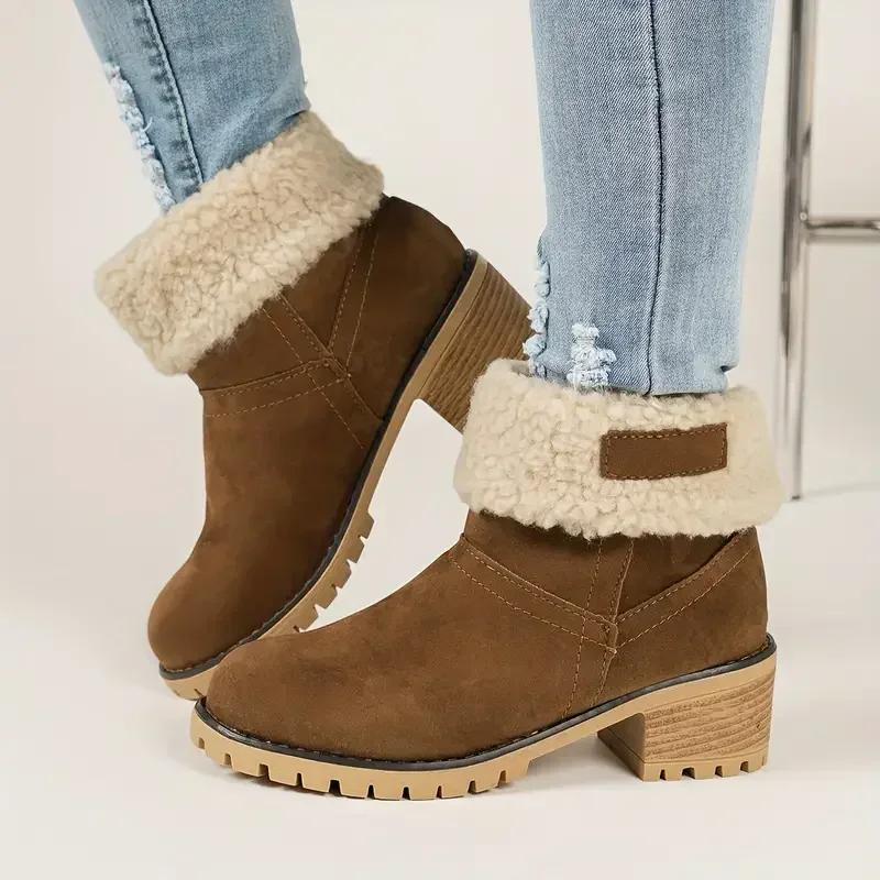 Fashion Autumn and Winter Fashion New Casual Comfortable Plus Velvet Warm Square Heel Round Toe Solid Color Women's Ankle Boots Shoes