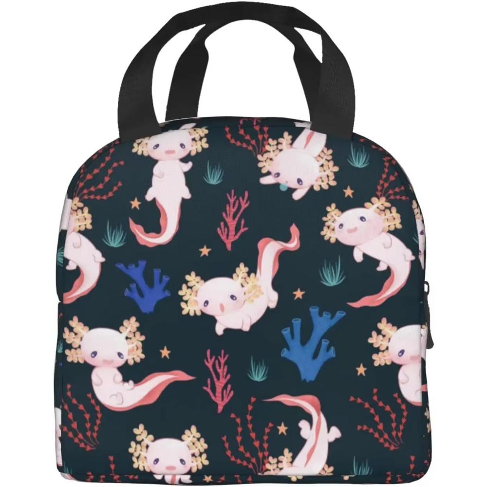 Kawaii Lunch Bag Axolotls Изолированный Lunch Box для женщин и мужчин Многоразовый портативный Lunch Bento Tote для школы, работы, пикника, походов