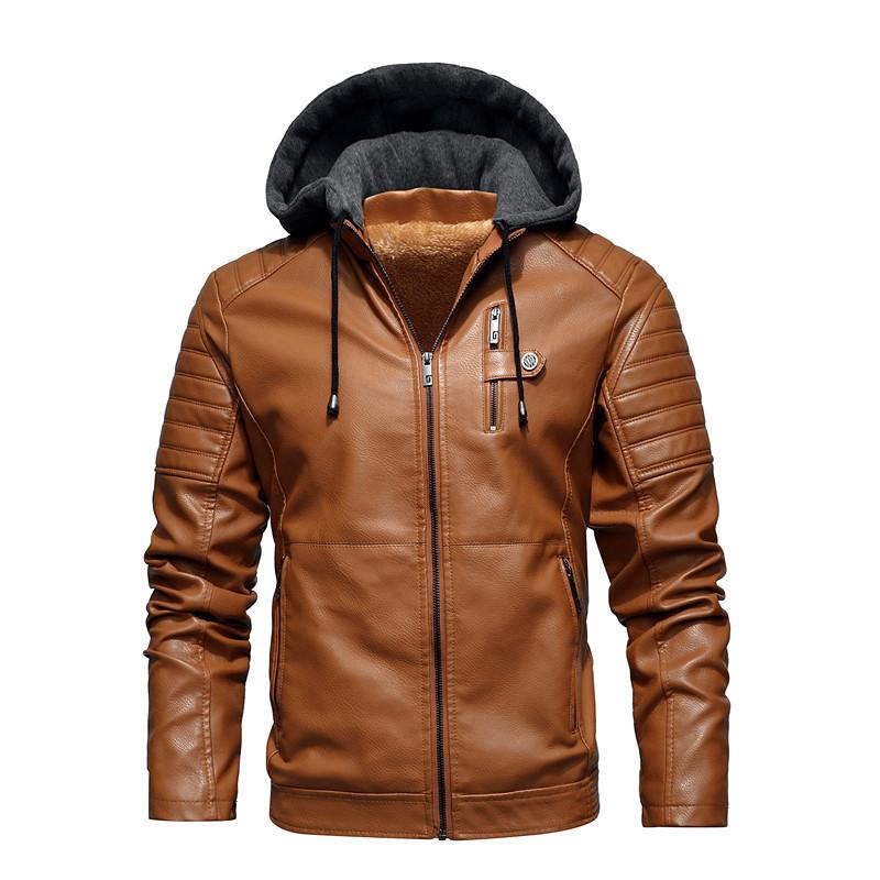 Men's Casual Fleece Leather Jacket Hooded, Leather Jacket Autumn Jacket