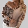 Женский вязаный свитер с V-образным вырезом и леопардовым принтом из пайеток - Пуловер с длинным рукавом