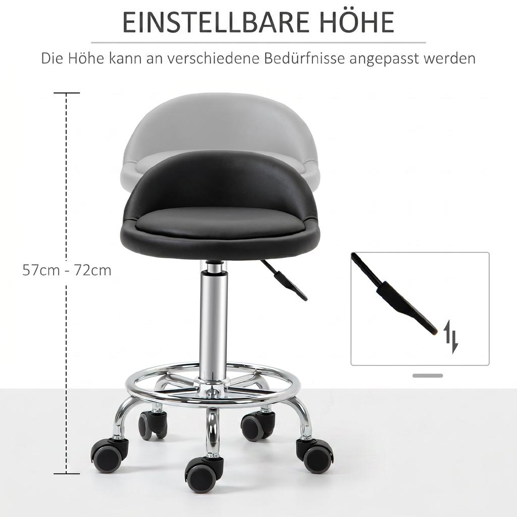Rolling Stool with Backrest 57-72 cm Height-Adjustable Swivel Stool for Office Salon Massage