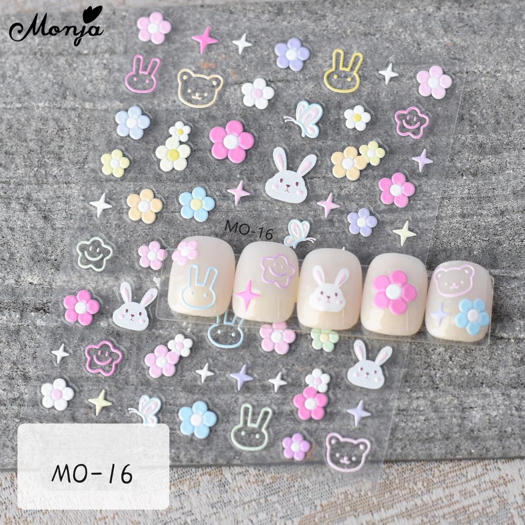 monja 6 вариантов 5D наклейки для ногтей Симпатичные тисненые цветочные серии Рельефы Клейкие наклейки Цветочный узор в виде листьев Аппликация «Белый кролик и облака»