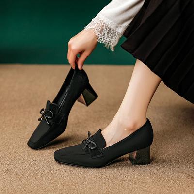 Туфли-лодочки на высоком каблуке с квадратным носком, осенне-зимние, с бантом, женские, новый стиль, коричневые, ретро, на толстом каблуке, одинарные