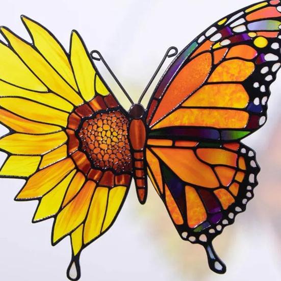 Красочный Ловец Солнца Эффект Витража Бабочка Подсолнух/Зеленый Мотылек Орнамент Акриловый Подвесной Декор для Окна Гостиной Спальни Сада Балкона