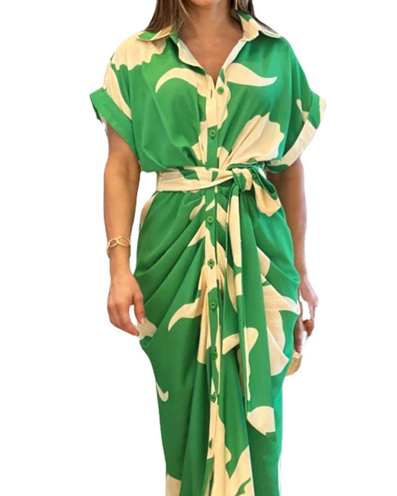 Женское летнее элегантное платье-рубашка с винтажным принтом на пуговицах и рюшами, бандажное платье, женские однотонные пляжные длинные платья с v-образным вырезом, повседневный халат