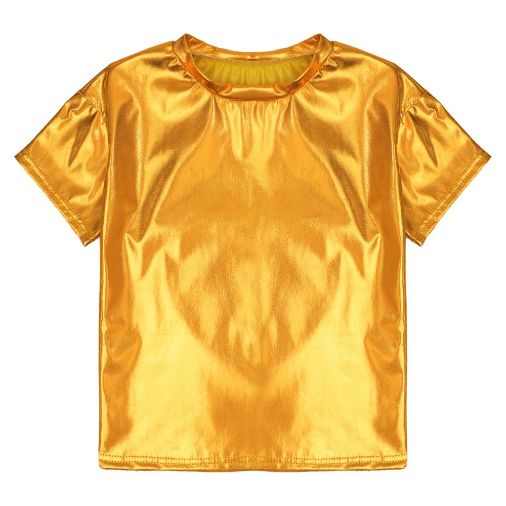 Детские блестящие футболки металлизированного цвета с короткими рукавами для мальчиков и девочек, топы для танцев, вечерние блестящие наряды