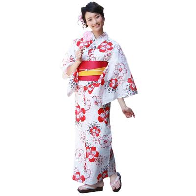 Юката Красные и черные вишневые цветы на белом Tokimeki Koi Yukata 3 Piece Geta [Brilliant Piece] Женский комплект, Фон, Комплект, Юката, Оби,