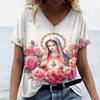 Летние женские футболки с принтом Девы Марии, большие размеры, топ с V-образным вырезом, блузка, женская рубашка, женская одежда больших размеров