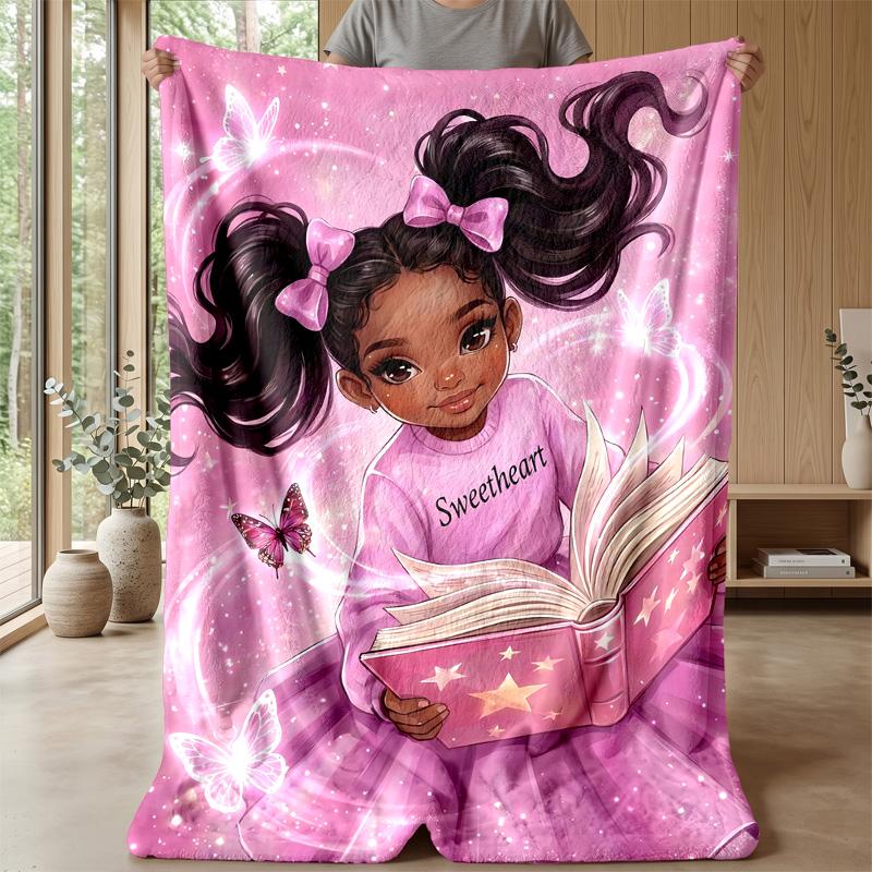 Pink Sweater Reading with Butterflies Theme blanket Lightweight Warm Flannel Blanket Decorative Throw Blanket for Home Decoration