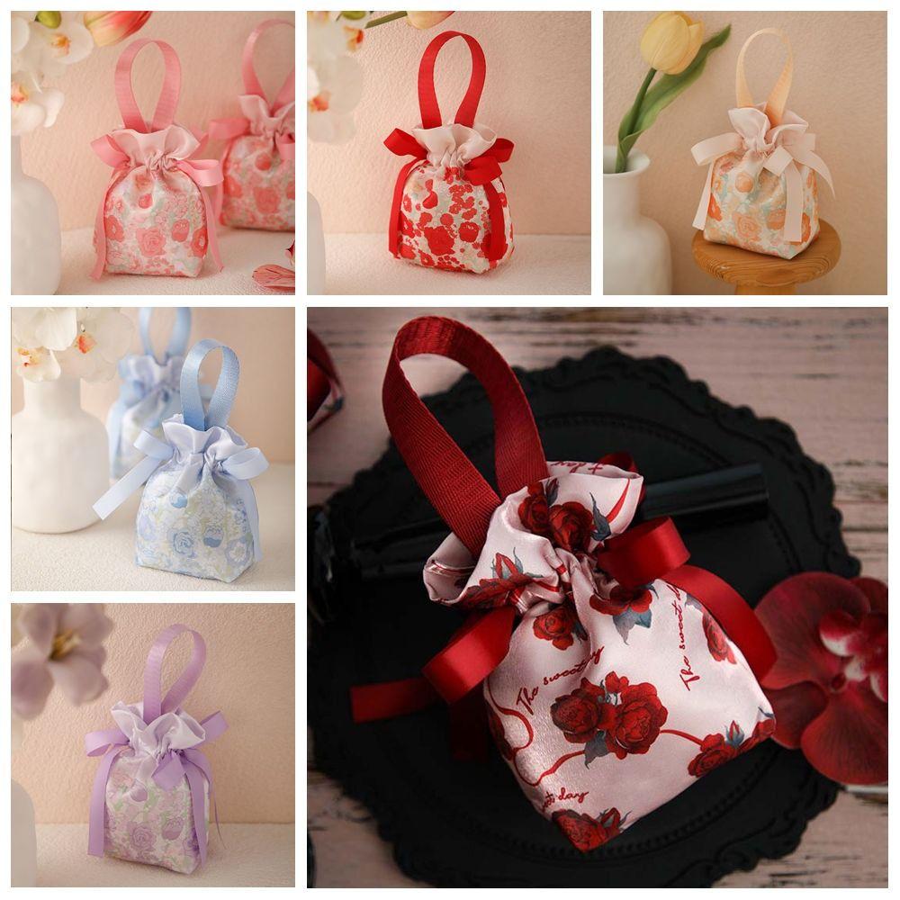 Korean Style Cloth Drawstring Bag Flower Canvas Knot Wrist Bag Festive Sugar Bag  Female/Girls