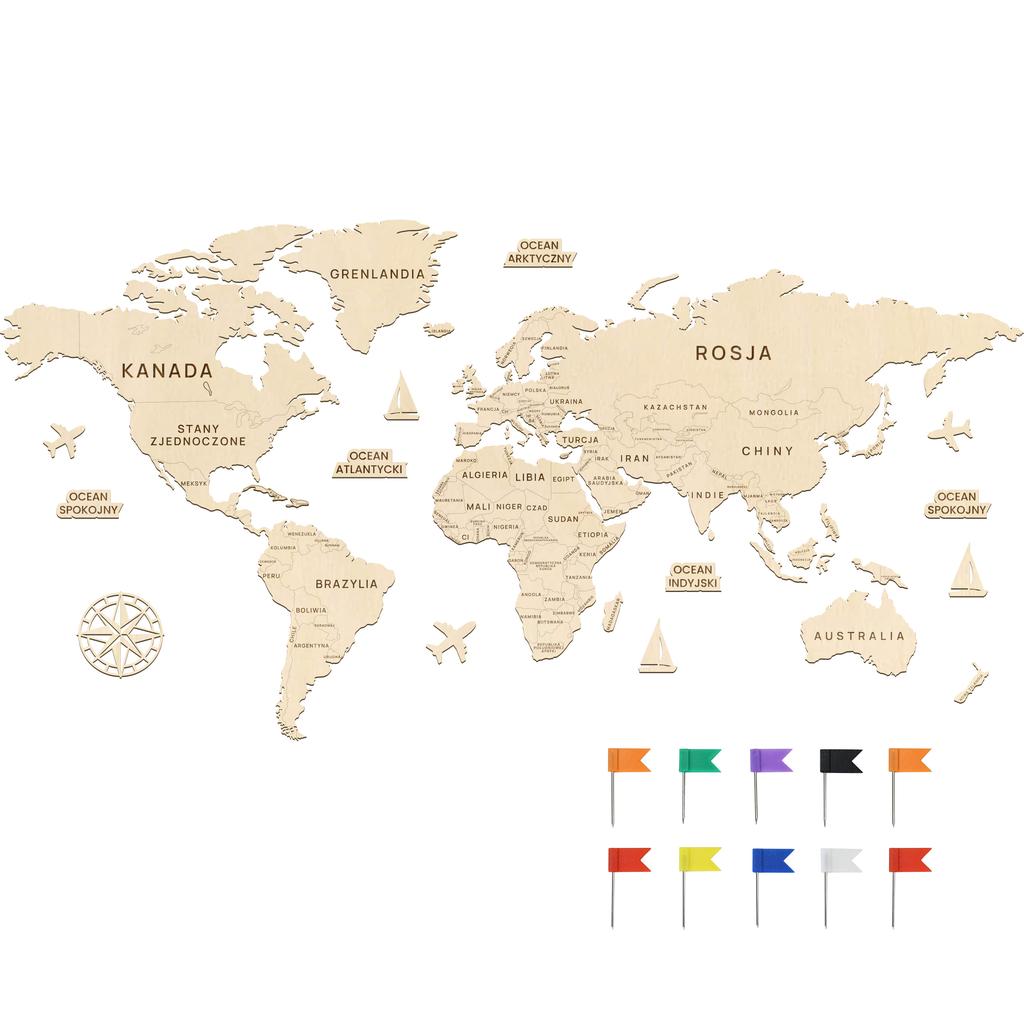 Wooden world map 120 cm with accessories World map for the wall of the country