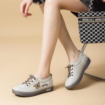 Женские белые кожаные слипоны - Весна/Осень, Мягкая подошва, Дизайн с бабочками, Повседневные балетки, Доступны большие размеры